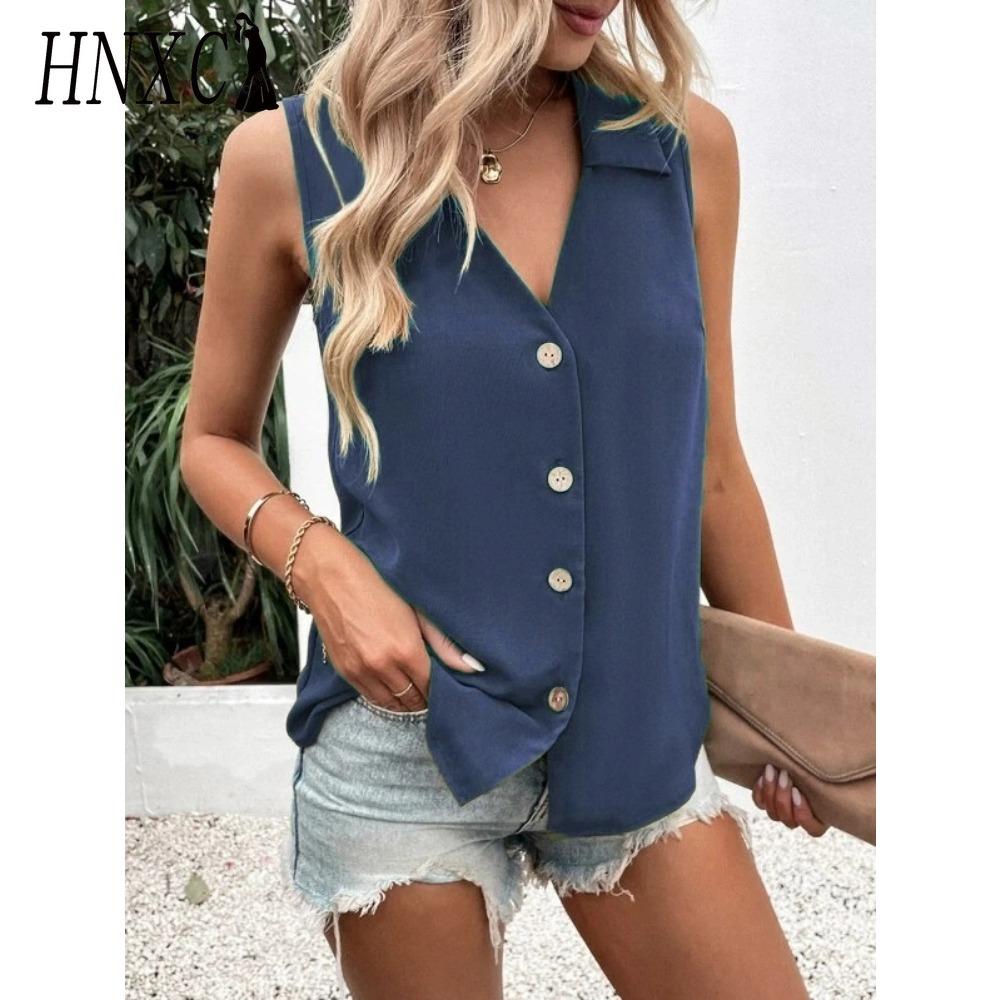 HNXC Dame Mote Casual Ensfarget Trykk Ermeløs V-hals Bluser & Skjorter