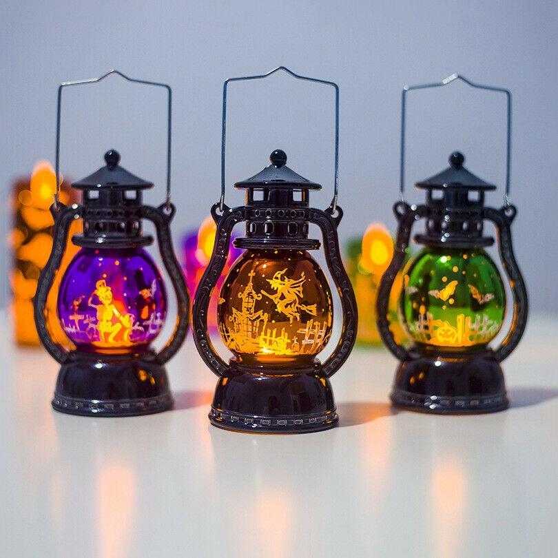 Vintage Halloween Led Lantern Lights Featuring Spooky Witches And Bats For Festive Parties