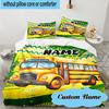Custom Name 3PCS School Bus Adventure Bedding Set, Including 1pc Duvet Cover And 2pcs Pillowcases, Suitable for Dorms and Bedrooms Gift