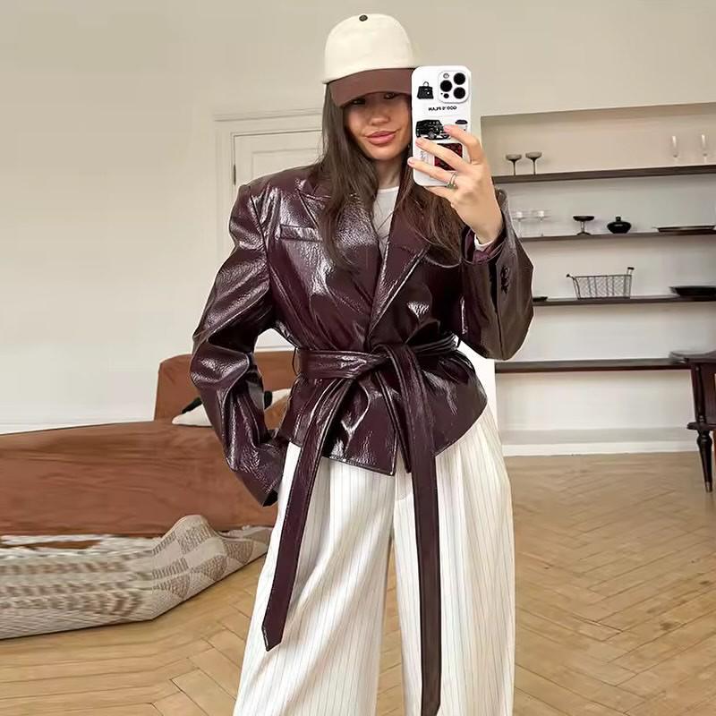 Autumn/Winter Women's Trendy Motorcycle Leather Jacket with Lace-Up Design