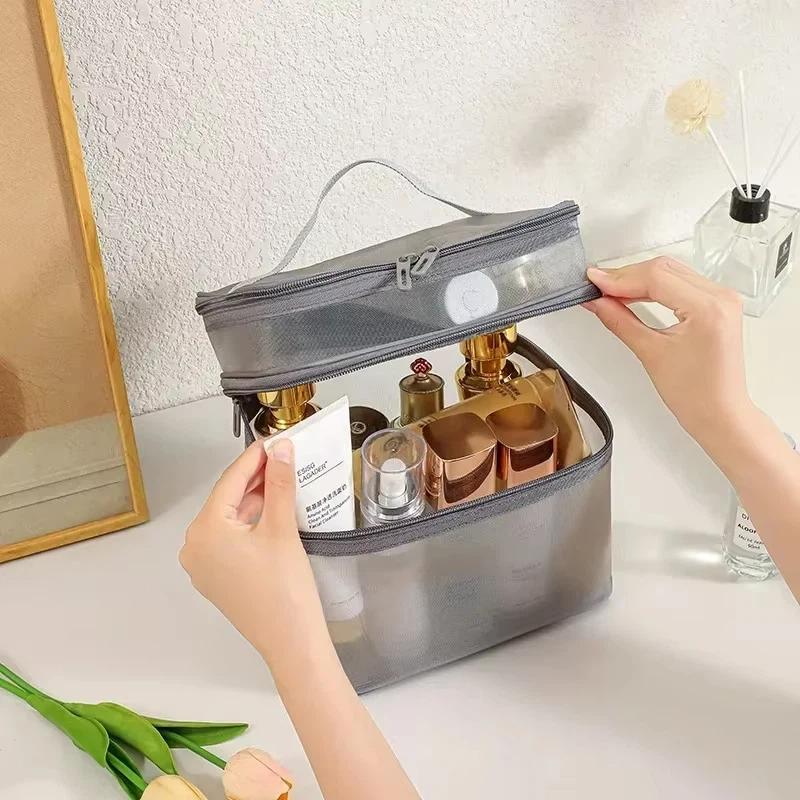 Breathable Mesh Cosmetic Bag Large Capacity Double Layer Anti-scratch Makeup Organizer for Business Trip Daily Travel