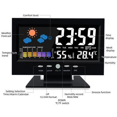 Sprachsteuerung Hintergrundbeleuchtung Digitale Wetteruhr Datum Woche Temperatur Luftfeuchtigkeit Wettervorhersage 12/24H Elektronische Uhr