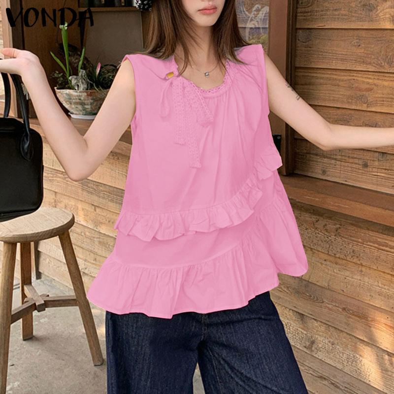 VONDA Women Sleeveless Crochet Tank Tops Casual Ruffled Patchwork Lace Hem Tops