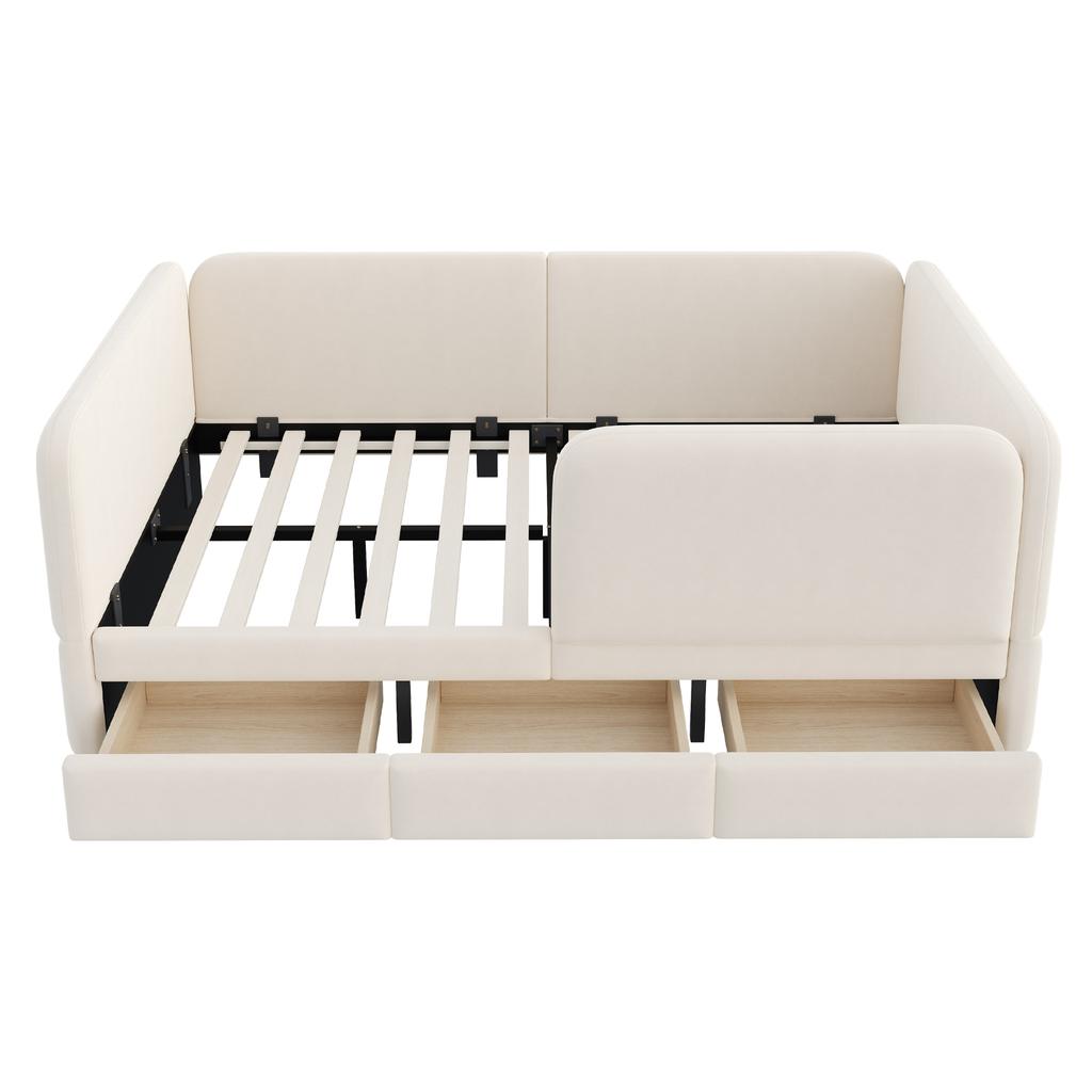 Letto imbottito per bambini 140 x 200 cm con protezione perimetrale e angoli arrotondati, con cassetto contenitore, tessuto in velluto beige (Senza materasso)