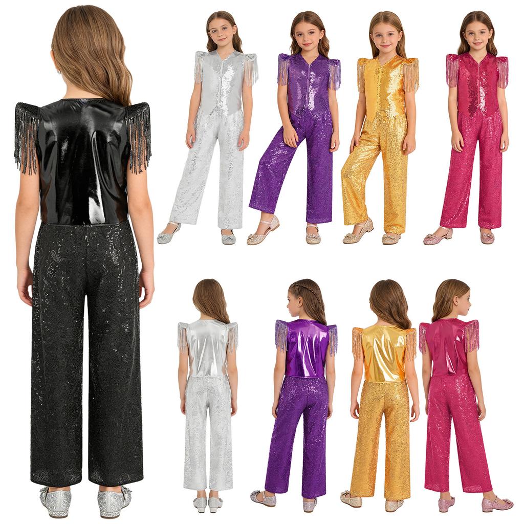 Girls Jazz Dance Outfit Sequin Tassel Cap Sleeve V Neck Asymmetrical Zip Vest with Elastic Waist Pants for Stage Performance