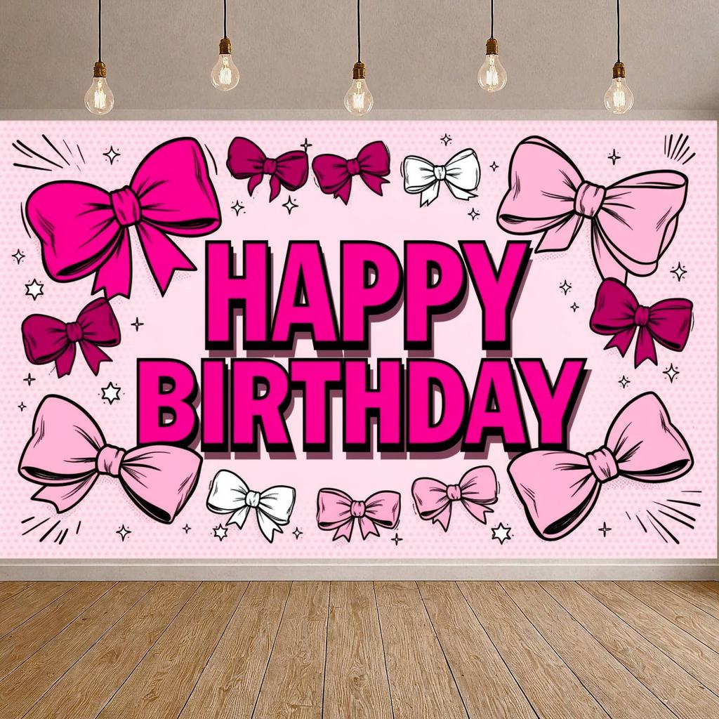 Cute Birthday Banner Dark Red Bow Decor Pink Birthday Banner Girls Birthday Banner Lettering For Kids Celebration
