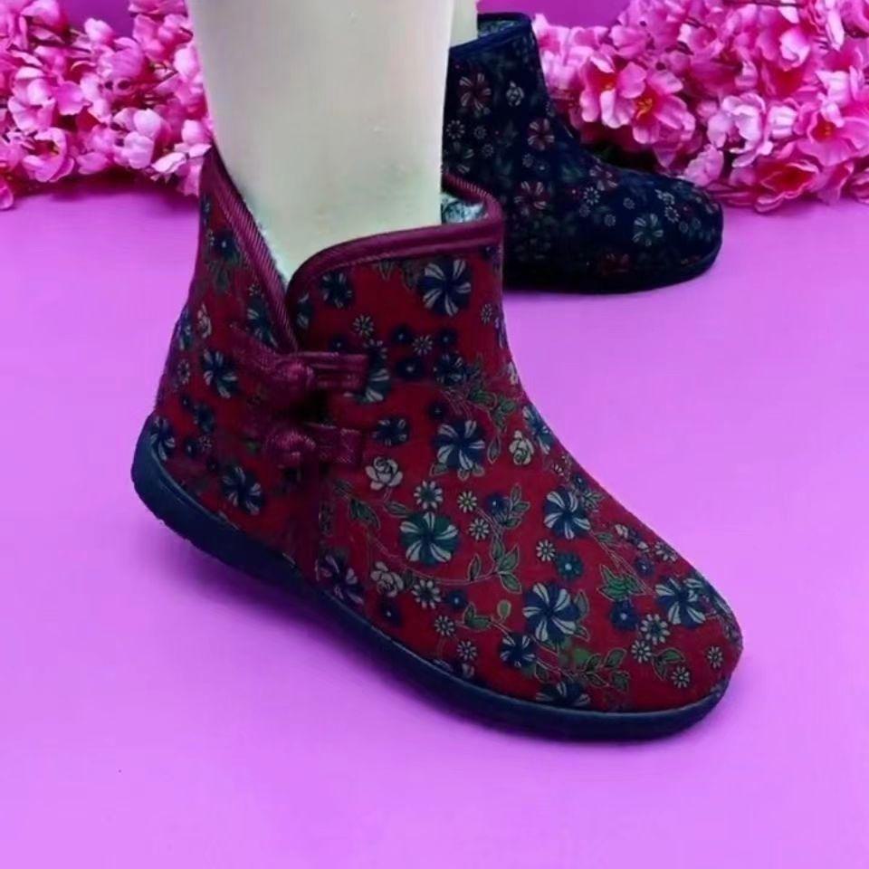 Winter Boots Non-Slip Booties Elderly Women Shoes Warm Print Snow Boots Furry Fur Velvet Cotton Cloth Cozy Ankle Boots