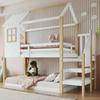 Hochbett 90x200 cm, Hausbett Kinder, Etagenbett Holz, Rausfallschutz, Lattenrost, Dach, Ecktreppe, Spielbett Jungen & Mädchen, Weiß & Natur