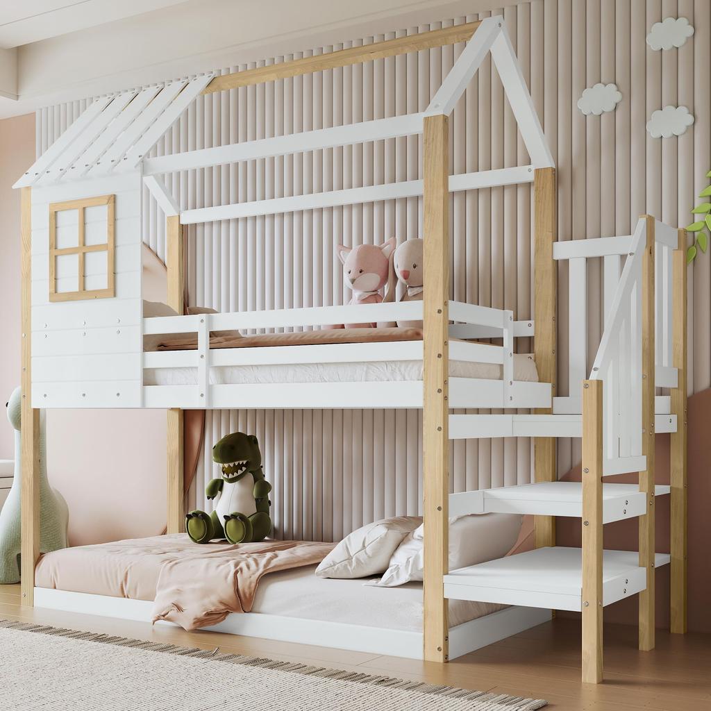 Hochbett 90x200 cm, Hausbett Kinder, Etagenbett Holz, Rausfallschutz, Lattenrost, Dach, Ecktreppe, Spielbett Jungen & Mädchen, Weiß & Natur