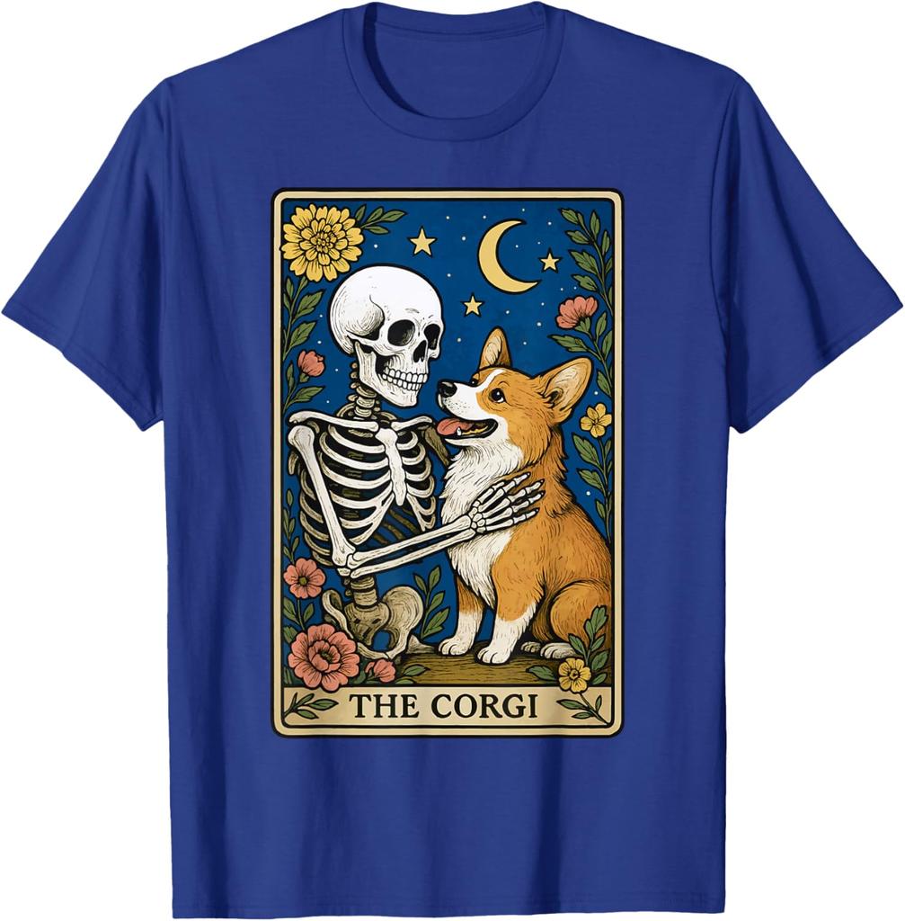 The Corgi Skeleton Tarot Card Graphic Print Cotton Round Neck Casual T-Shirt Men