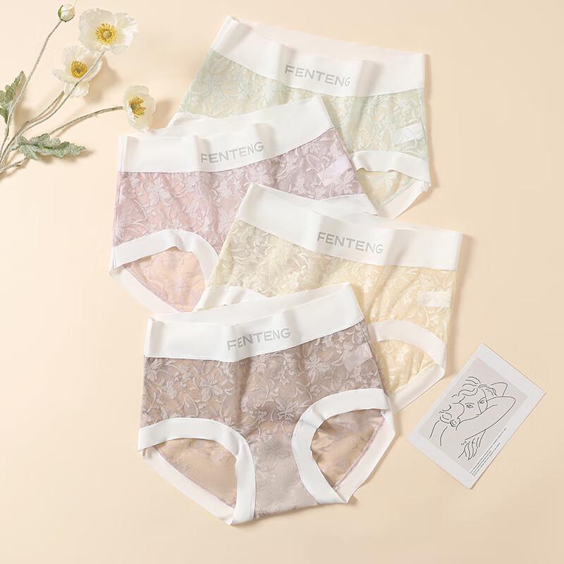 Fenteng Women's High-Waisted Lace Antibacterial Silk Crotch Briefs 4-Pack