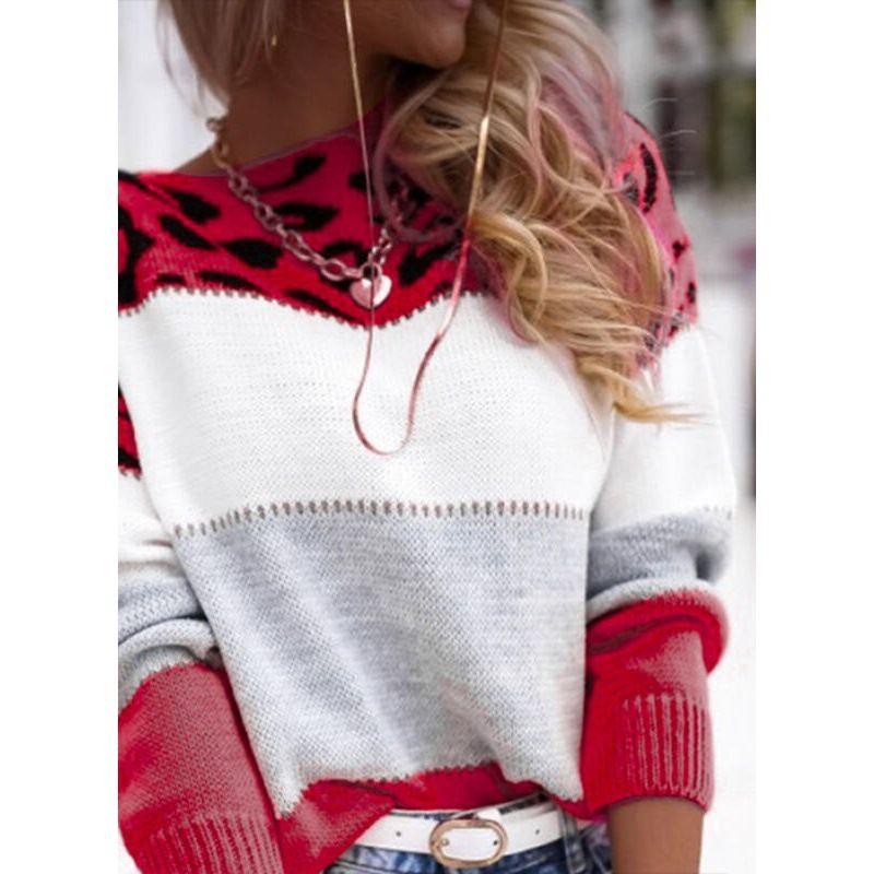Fashion Wind Fashion Casual Loose Color-Block Crew Neck Knitting Sweater Knitted round Neck Sweater