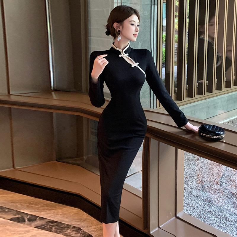 

Женское ретро-улучшенное платье-чеонгсам с застежкой-пряжкой и разрезом L чёрный