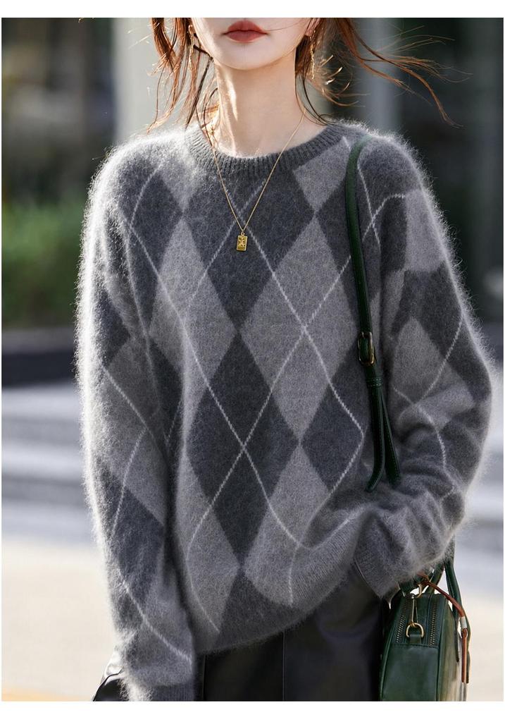 Maglione da donna di alta gamma in lana cashmere con patchwork a rombi - Girocollo, Manica lunga, Autunno/Inverno