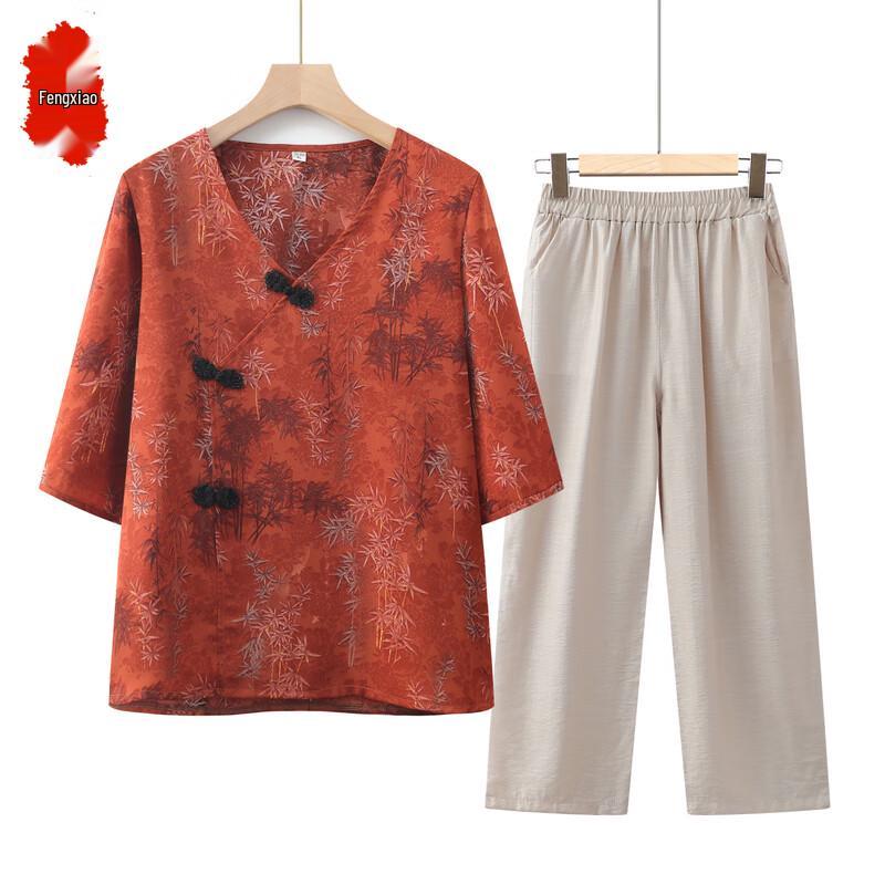 Mid-Aged Women's Summer Floral Blouse Set