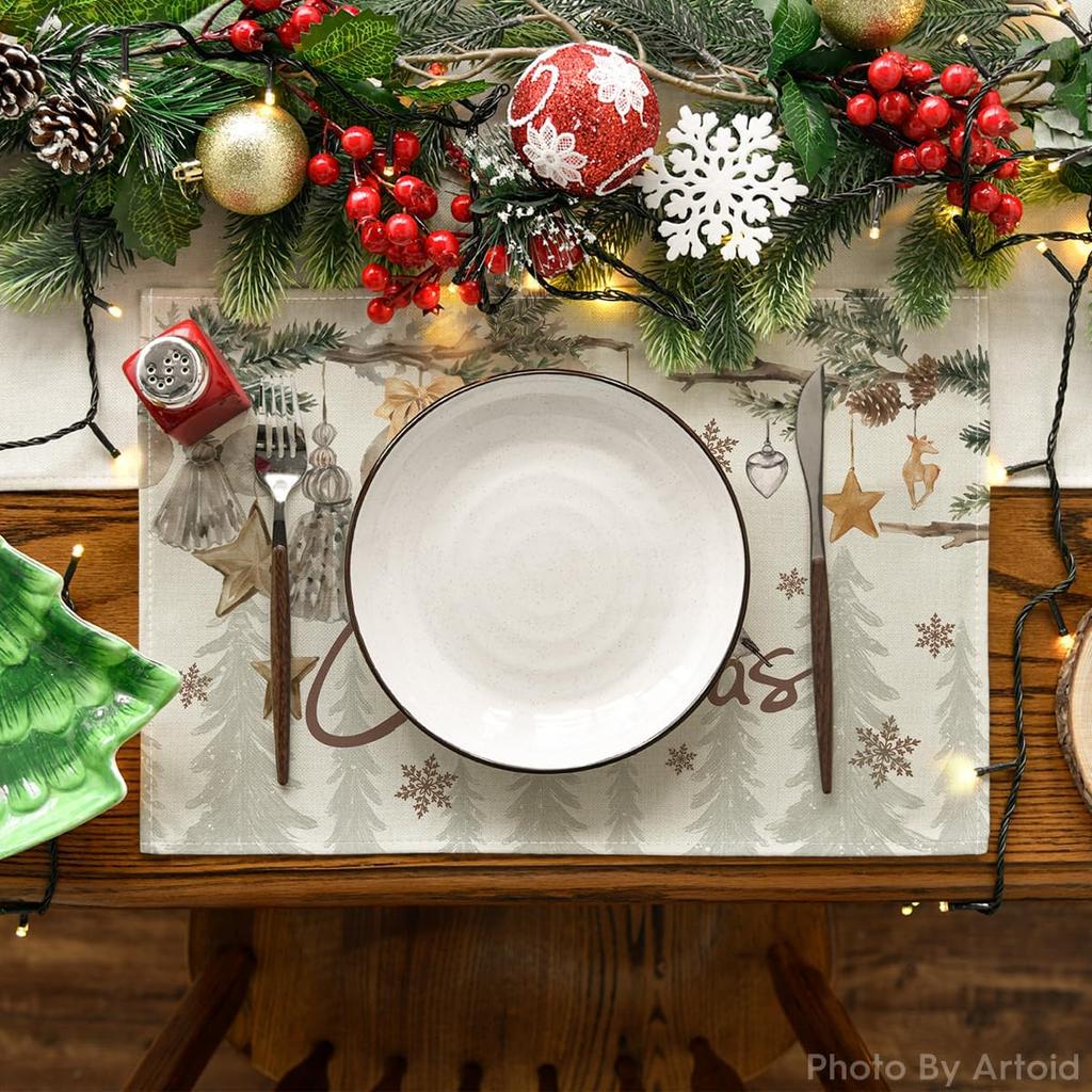 Pine Branch Ornament Merry Christmas Placemats Set of 4, 12x18 Inch Seasonal Winter Table Mats for Party Kitchen Dining Decoration