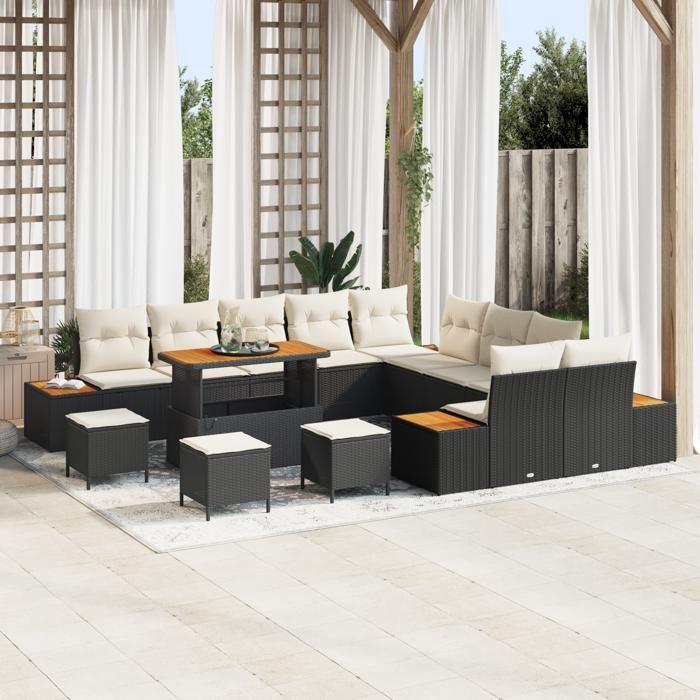 VidaXL Ensemble de canapé de jardin 14 pcs Noir Poly rotin, Ensemble de salon de jardin, canapé rectangulaire moderne, 3362980