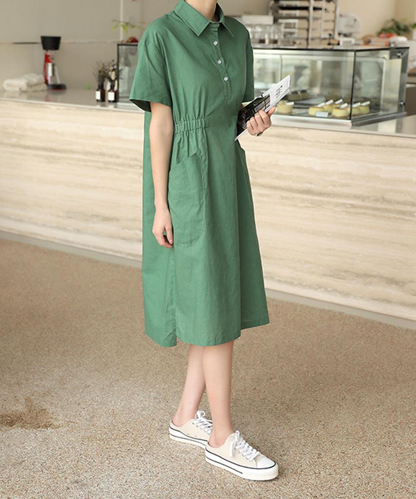 Ppaeppae Side Banding Collar Neck Linen Touch Midi Dress