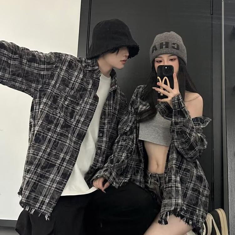 

Unisex Retro Tie-Dye Plaid Frayed Long Sleeve Shirt Jacket - Casual Spring/Autumn Wear L чёрный