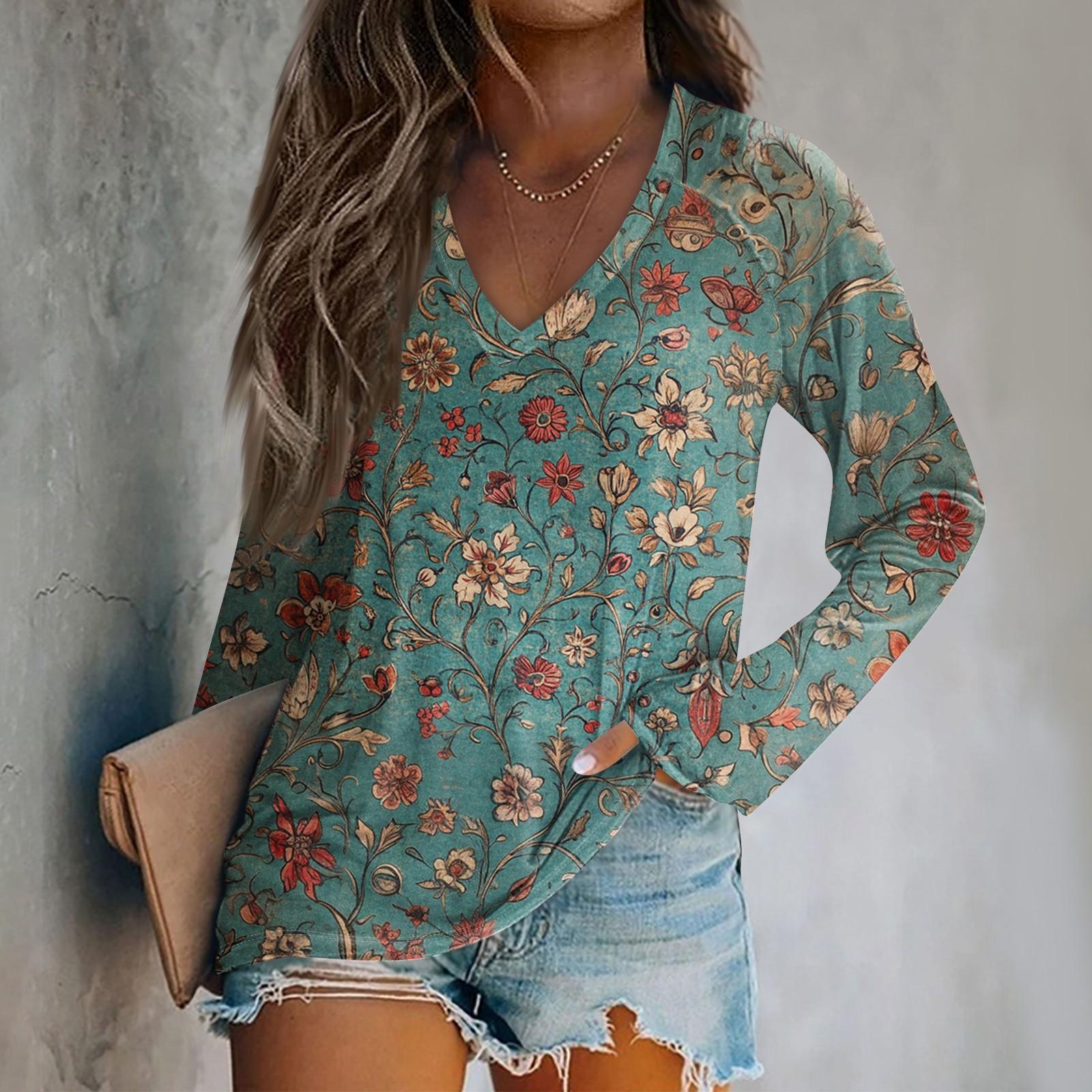 

Women s Long Sleeve Plunger Sleeve Vintage Printed Casual Top T-Shirt M Темно-синій