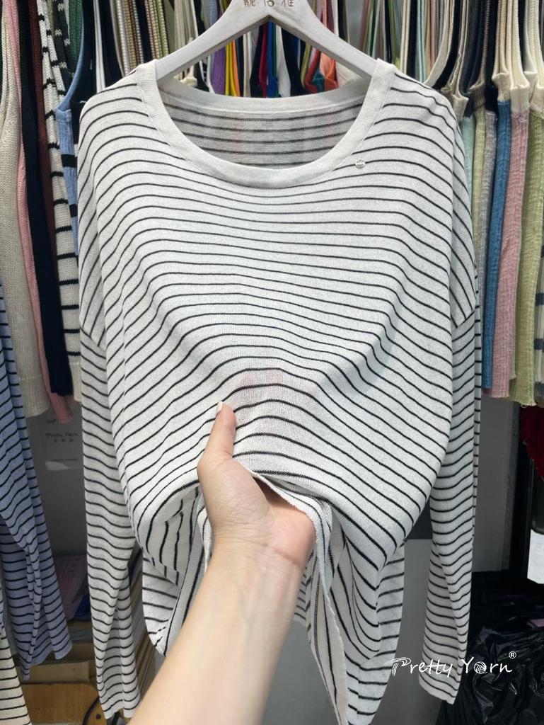 Relaxed Lightweight Summer Striped Knitwear: Women's Long Sleeve Loose Sun Protection Pullover Top