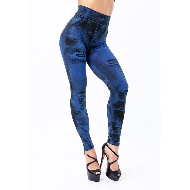 Women Stretchy Imitation Jeans Denim Leggings High Waist Skinny Pants