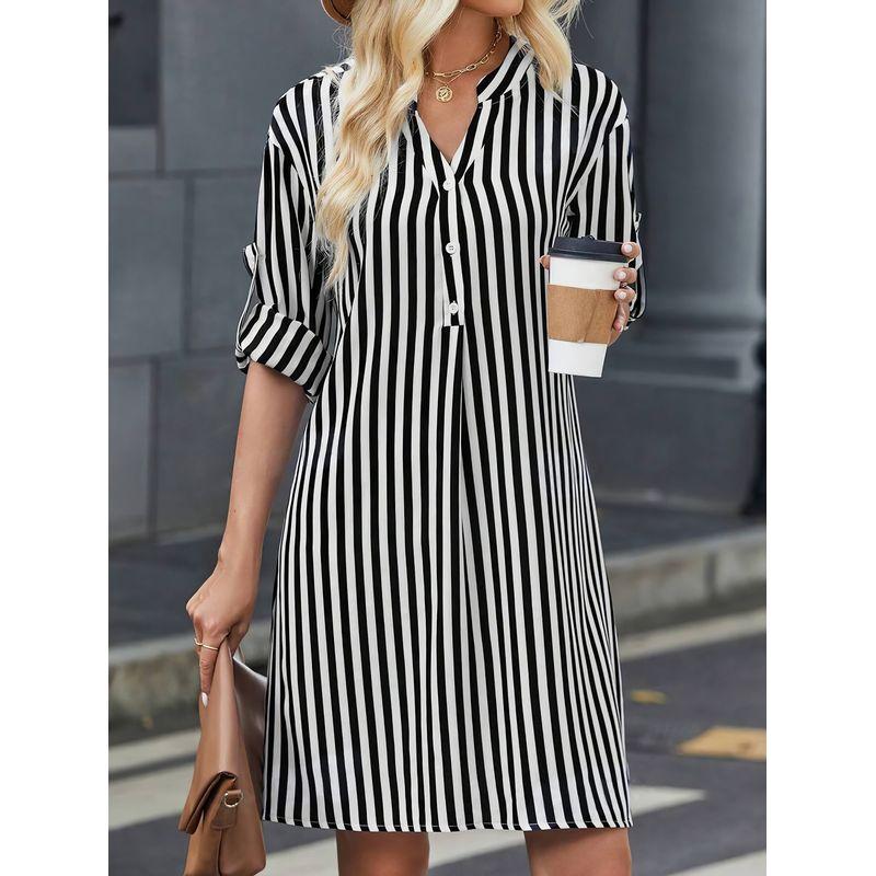 

Amazon Cross-Border Foreign Trade European and American Women s Clothing 2024 Fall Stripes Long Sleeves Dress Fashion Button V-neck Shirt Black S