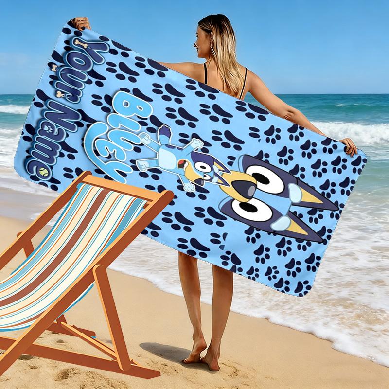 Name Custom Bluey Cartoon Print Beach Towel, Large Soft Quick Dry Towel for Beach Camping Swimming