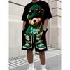 The Summer New Men's Suit Features a Retro Teddy Bear Printed Round-neck T-shirt and Shorts, Knitted Polyester Men's Wear