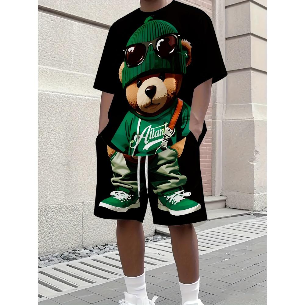 The Summer New Men's Suit Features a Retro Teddy Bear Printed Round-neck T-shirt and Shorts, Knitted Polyester Men's Wear