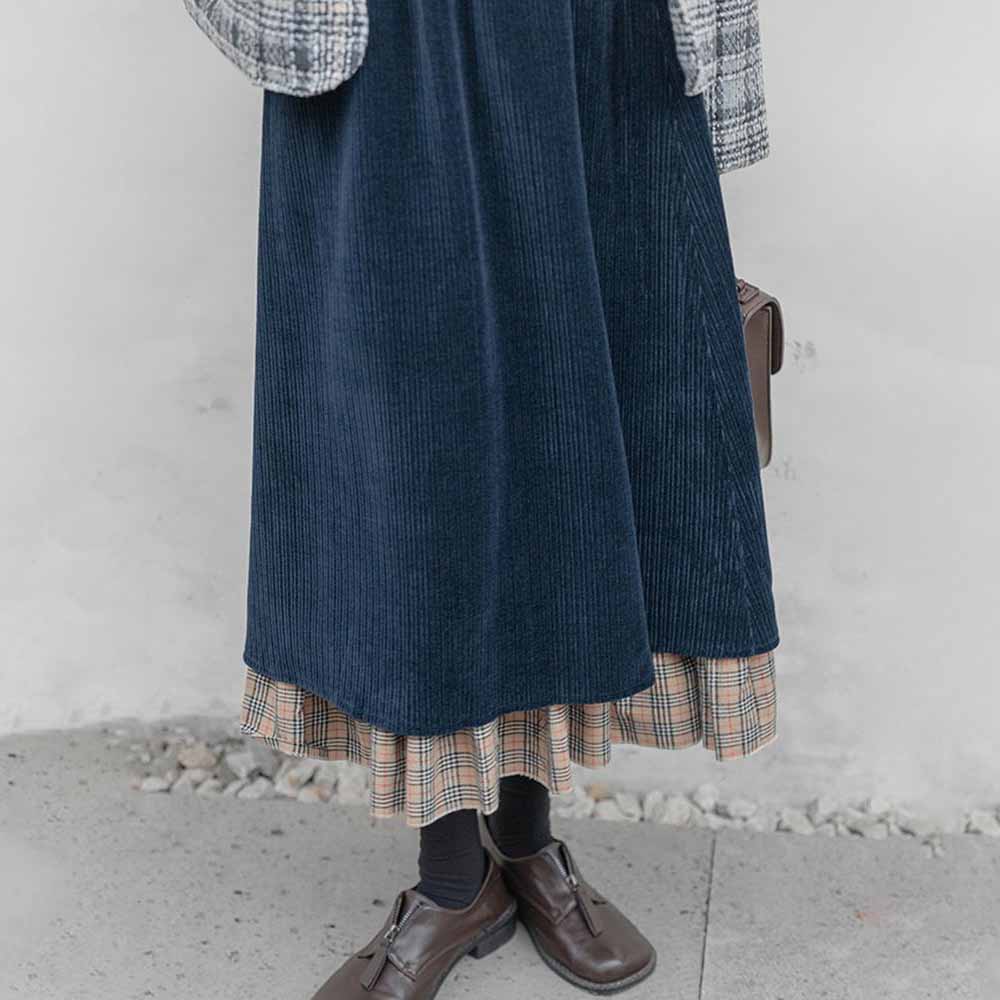 Retro Corduroy Women's Autumn Winter A-Line Midi Skirt Stylish Niche Plaid Color-Block Knee-Length Skirt