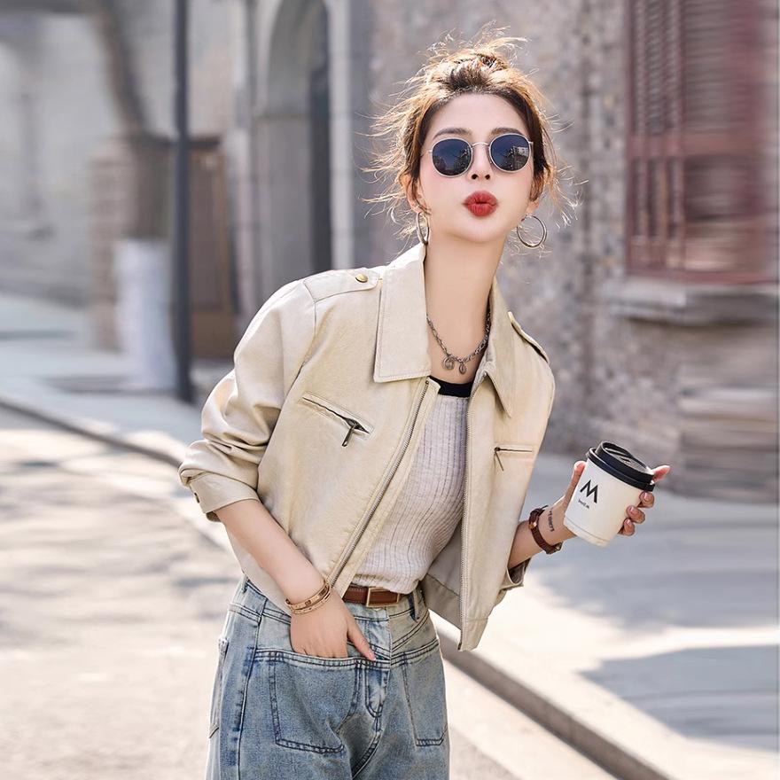 Design Leather Jacket Short Coat Women's Spring and Autumn New Thin Small Locomotive Leather Jacket Top