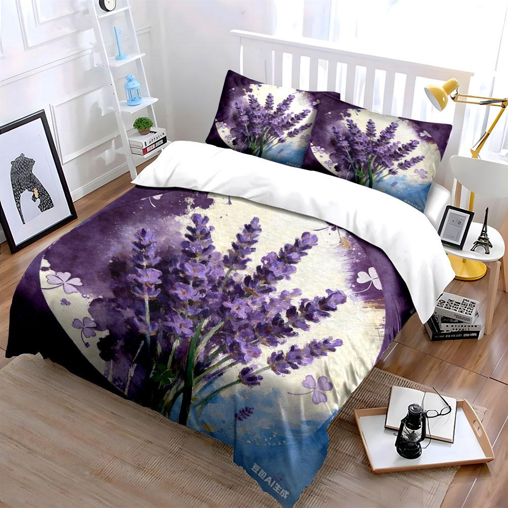 Lavender Floral Art Home Decor Multiple Sizes Kid'S And Adults' Bedroom Exquisite 3Pc Bedding Set, Gift