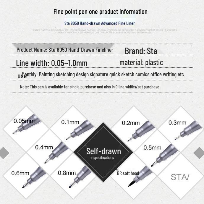 Sta 8050 Černá tenká linka Sada uměleckých per - Na vodní bázi 0,05-0,8 mm Obrysová/ Kreslicí fix