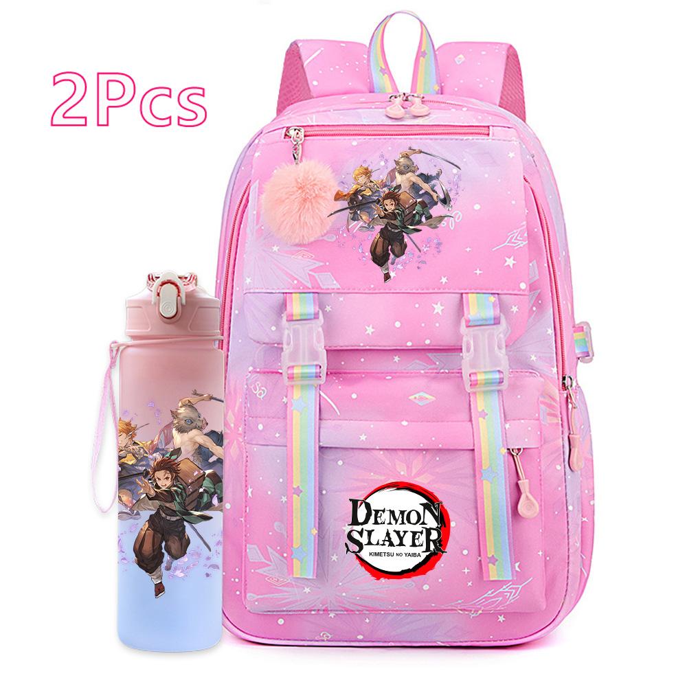 2Pcs/set Anime Cartoon Demon Slayer Printed Backpack with 750Ml Water Bottler for Teenager Bookbag Large Capacity Waterproof Travel Bag Gift