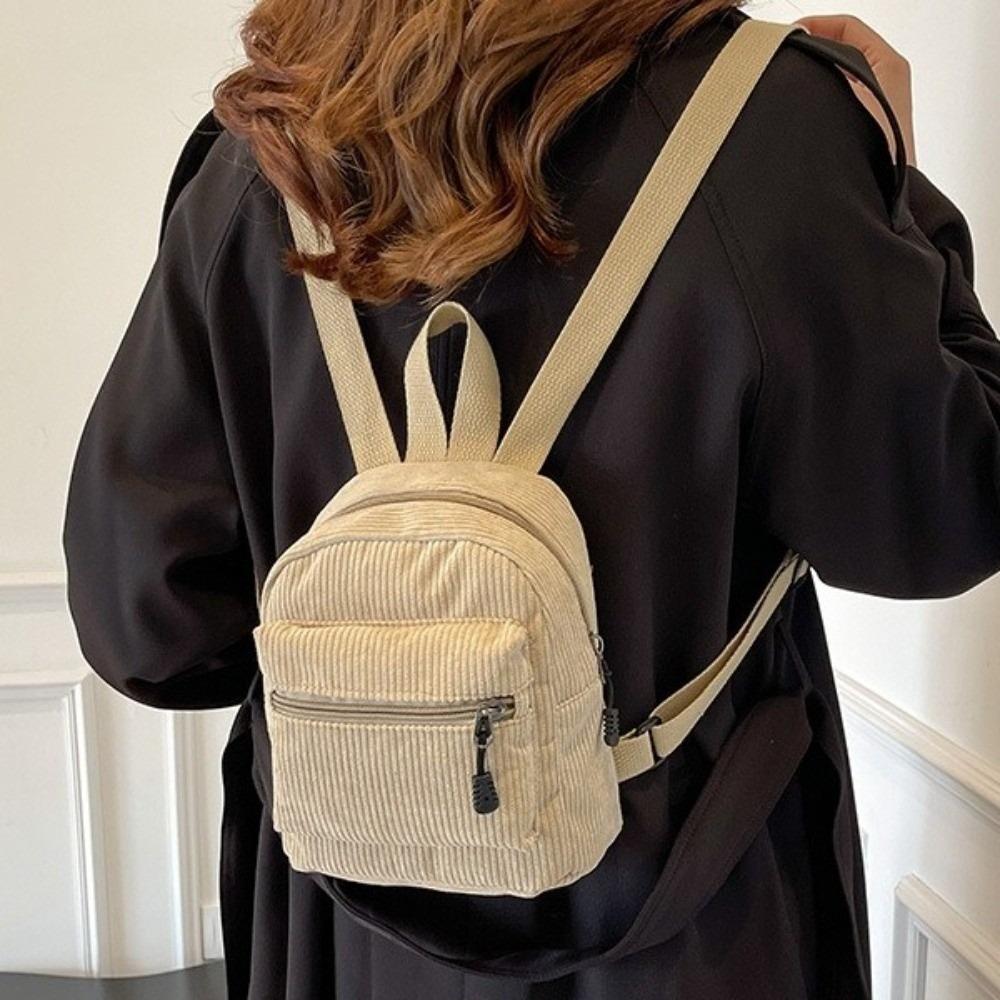 Zipper Double Shoulder Bag Solid Color Daypack Fashion Corduroy Mini Backpack Daily Travel