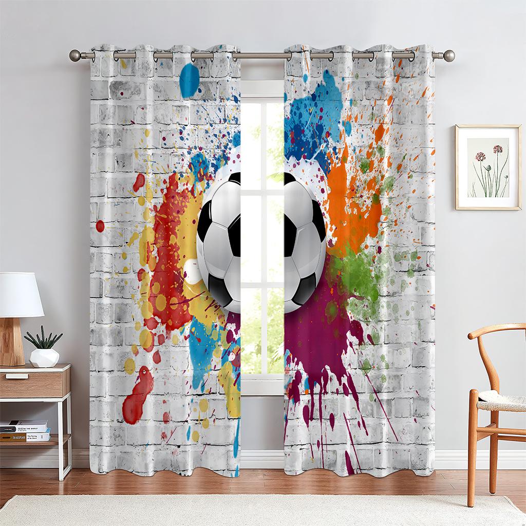 2PCS World Cup Football Printed Curtains, Polyester Fiber Rod Pockets, Colorful Hand-Painted, Room Decoration Curtains