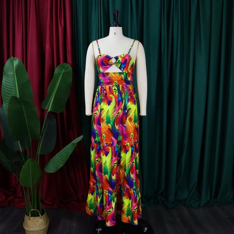 Sexy a módní tištěné letní šaty se špagetovými ramínky a kolovou sukní pro ženy