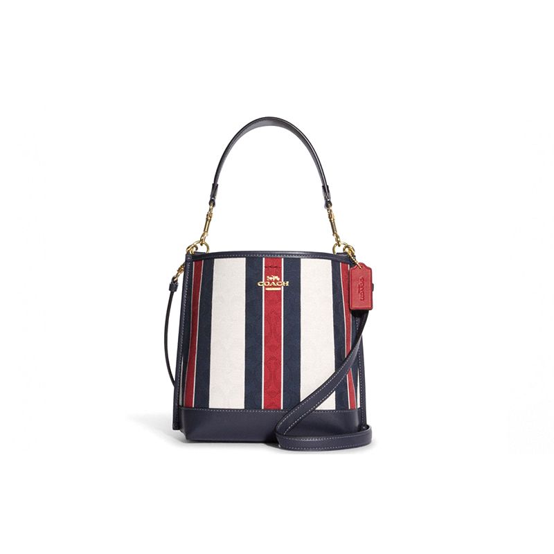 Coach Women's Blue/White/Red Mollie Striped Smooth Leather And Canvas Bucket Bag Bags Ca178-Imcah