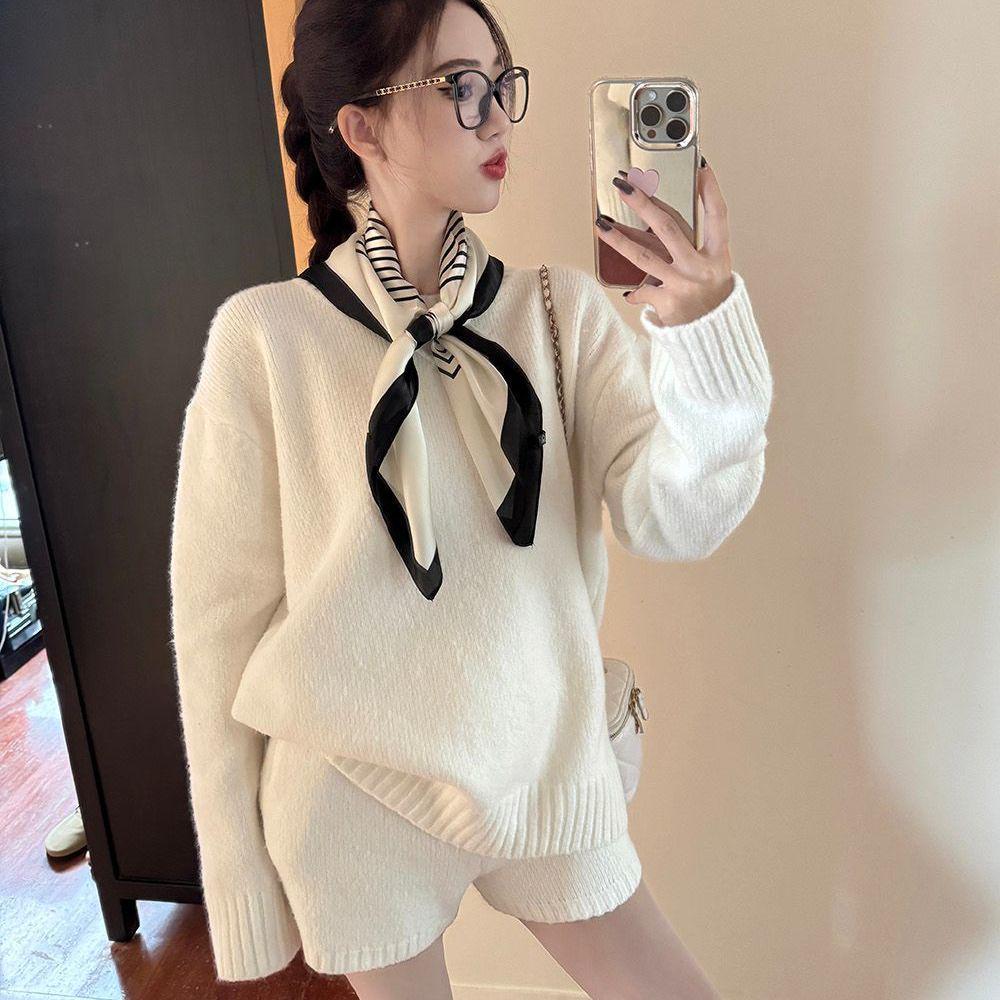 Chic Casual Two-Piece Set: Solid Color Sweater Knitwear & High Waist Wide Leg Shorts for Winter