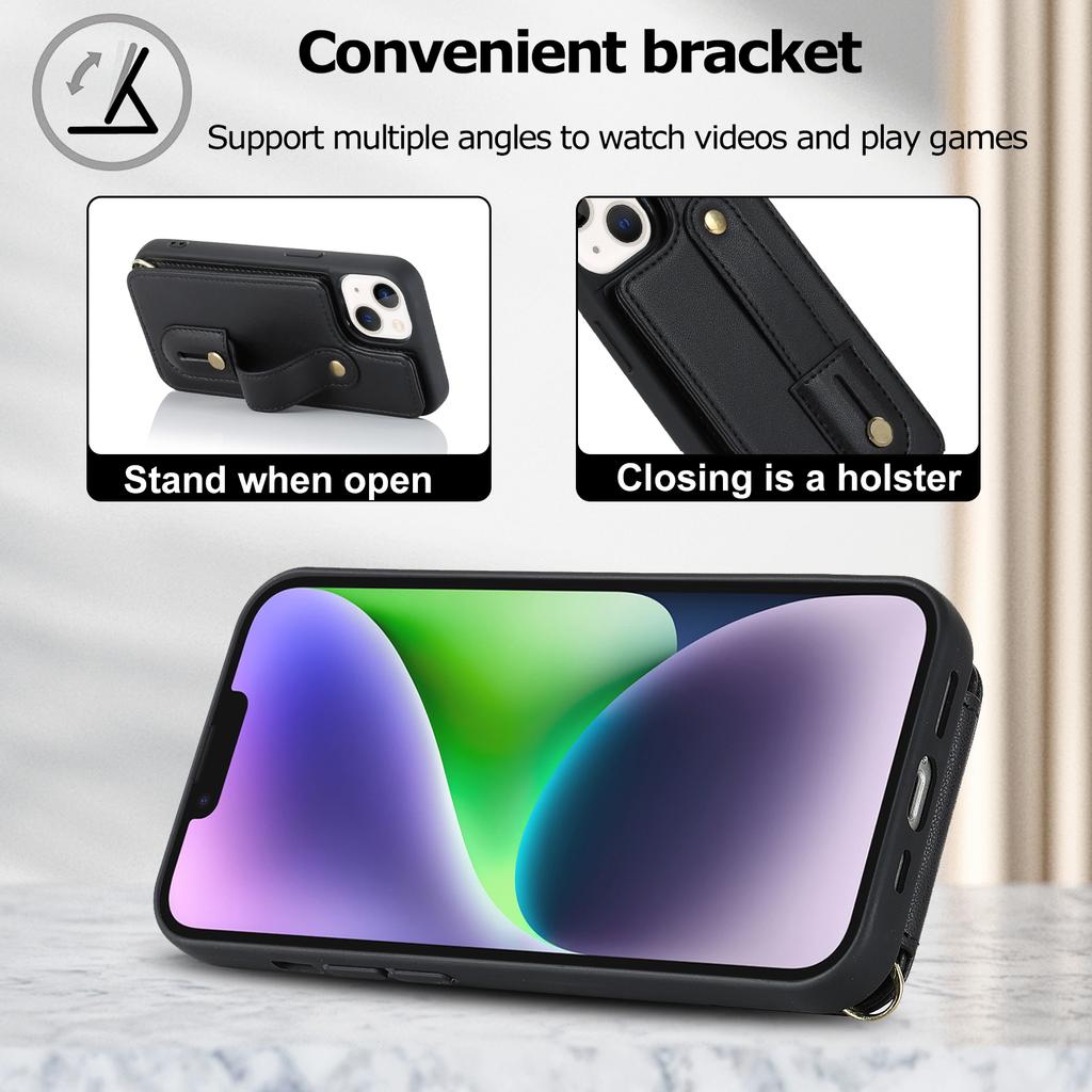 Card Holder Shell for iPhone 15,Kickstand Case PU Leather Coated TPU Phone Cover with Shoulder Strap