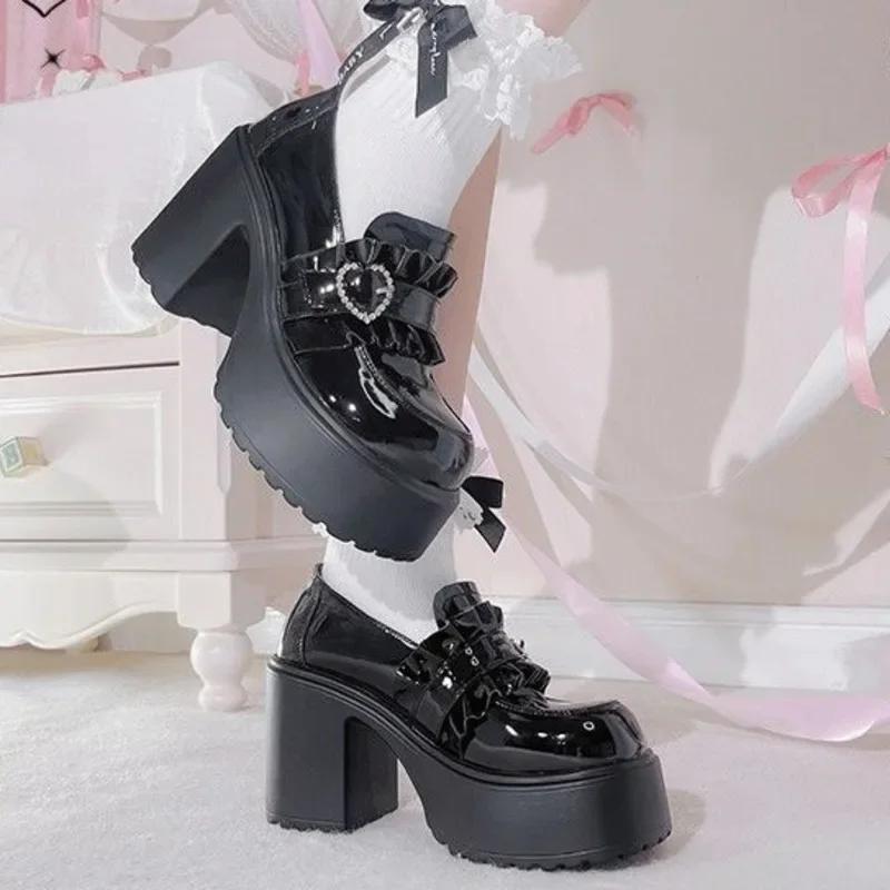 Fashion Sweet Heart-Shaped Buckle Lolita High Heels Pump Shoes for Women Y2k PU Leather Waterproof Platform Mary Janes Shoes