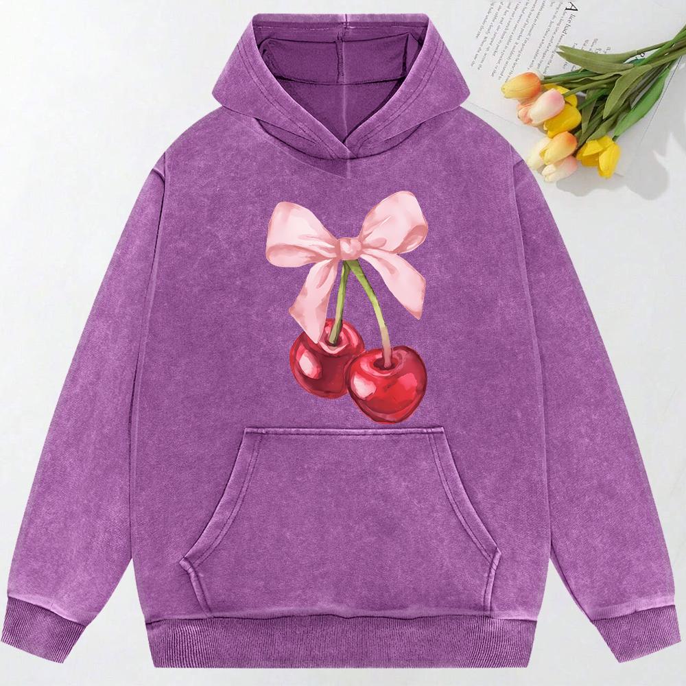 Bow Cherry Art Printed Women Washed Hoodies Cotton Creativity Clothing Hip Hop Fashion Oversized Female Hoody