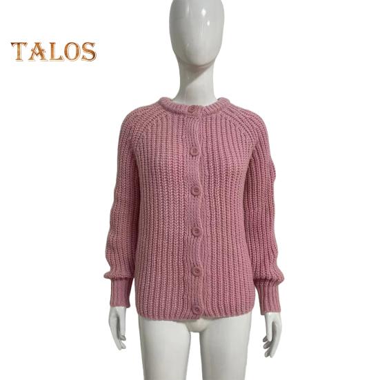 Damen Pullover Mantel Rundhals Langarm Einfarbig Button Down Cardigan Pullover Dicker warmer Strick Outwear