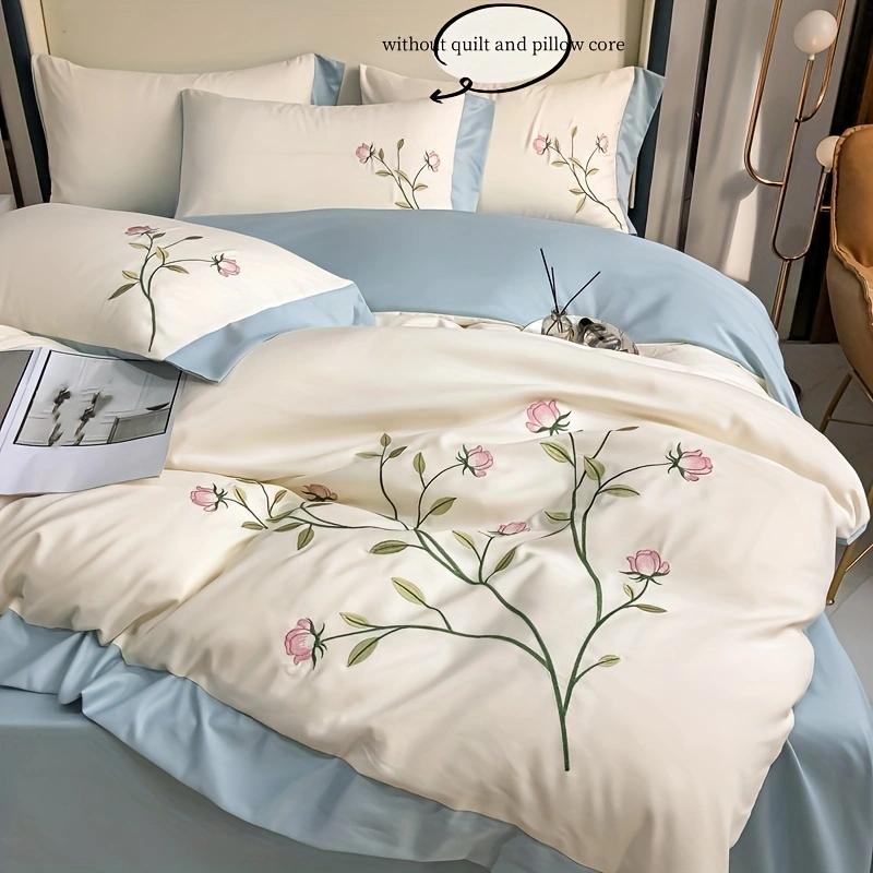 3pcs Elegant Embroidery Duvet Cover Set (1*Duvet Cover + 2*Pillowcase, Without Core), Blue Pink Soft Bedding Set for Summer