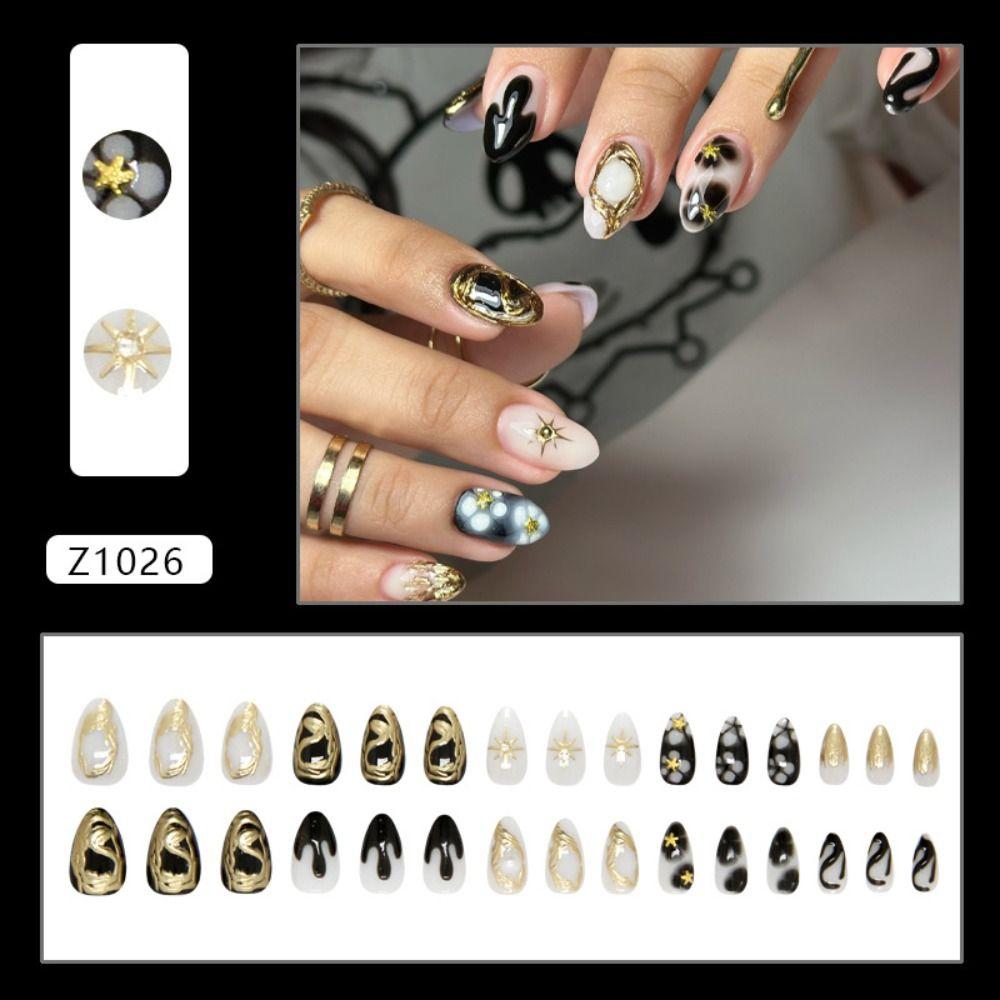 30pcs Long Almond Stiletto False Nails Cat Eye Silver Wavy Sparkling Rhinestone Fake Nails Purple Love Heart Detachable