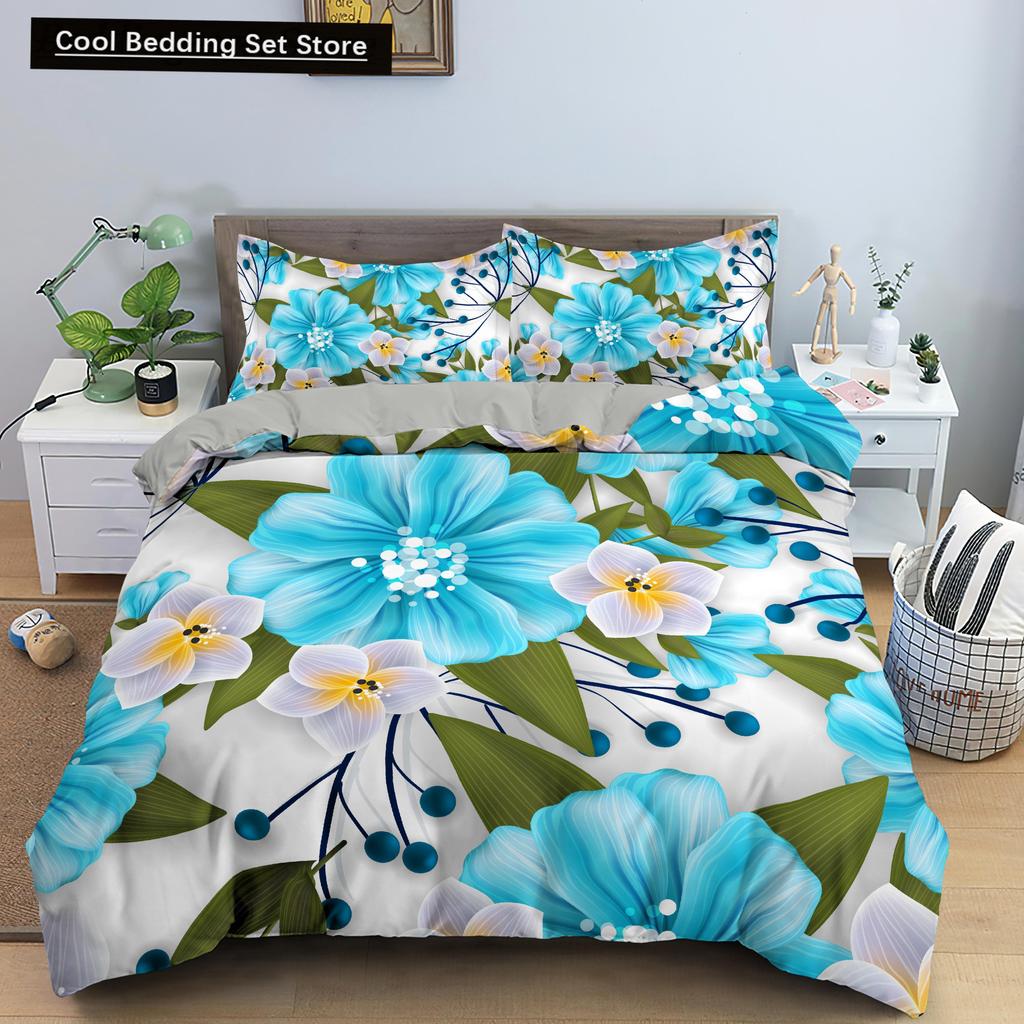 Floral King Queen Duvet Cover Fuchsia White Flower Bedding Set for Girl Women Colorful Plant Leaves 2/3pcs Polyester Quilt Cover