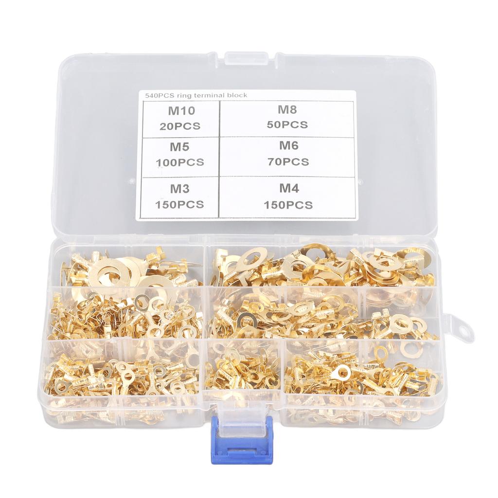 540Pcs Conector terminal inelar din alamă aurie M3 M4 M5 M6 M8 M10 în formă de O pentru sârmă