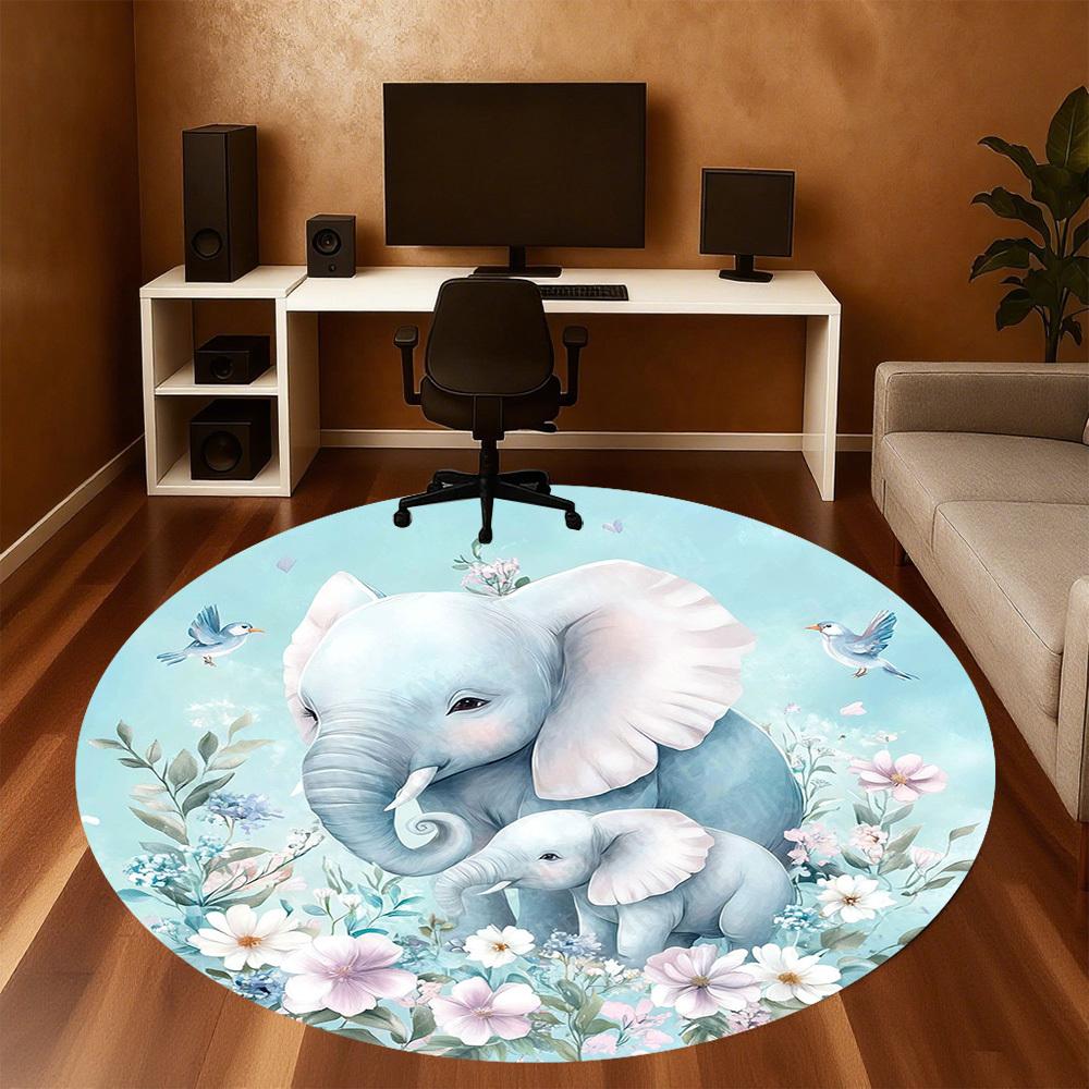 1PC Elephant Family Flowers Office Round Area Rug, Under Office Chairs Bedroom Living Room Home Decor, Carpet for Office -1110080