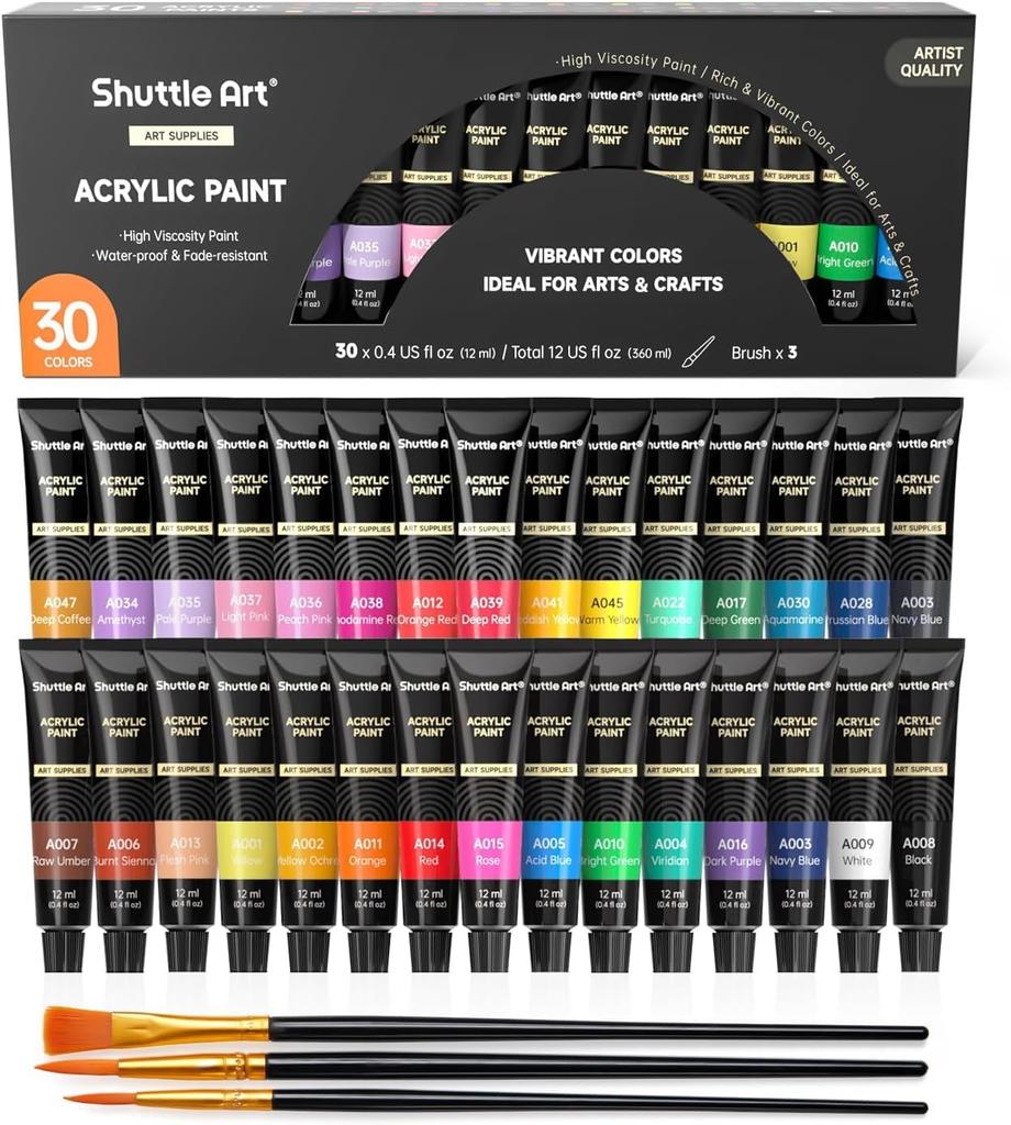 Shuttle Art Acrylic 30 Easy to Brush for Painting on and Coloring Art and Professionals Paints, Colors, Tubes, Durable, Quick-Drying, Waterproof, Use,